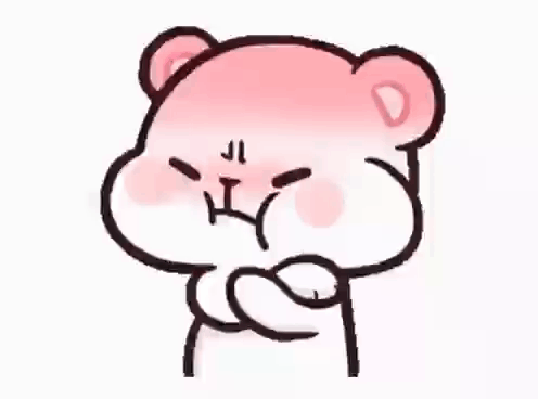 A Pink Teddy Bear Is Making A Funny Face With His Hands Folded . GIF
