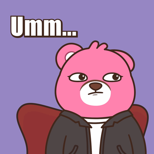 A Pink Teddy Bear Is Sitting In A Chair With The Word Umm Above It GIF