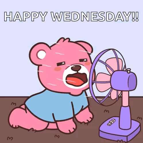 a pink teddy bear is sitting in front of a fan with the words happy wednesday written on the bottom
