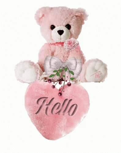 A Pink Teddy Bear Is Sitting Next To A Heart That Says Hello GIF