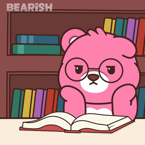 A Pink Teddy Bear Wearing Glasses Is Reading A Book In Front Of A Bookshelf That Says Bearish GIF
