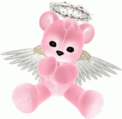 A Pink Teddy Bear With Angel Wings And A Halo Around Its Head GIF