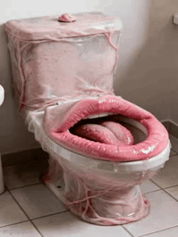 A Pink Toilet With A Woman 'S Lips And Tongue Sticking Out GIF
