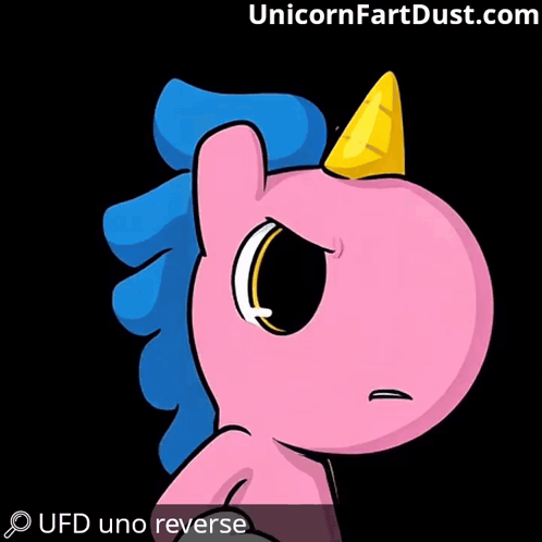A Pink Unicorn Is Holding A Red Uno Card With Arrows Pointing In Opposite Directions GIF