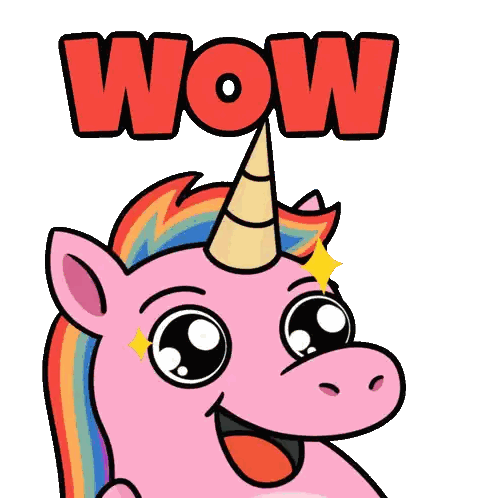 a pink unicorn with a rainbow mane and a gold horn is standing in front of the word wow