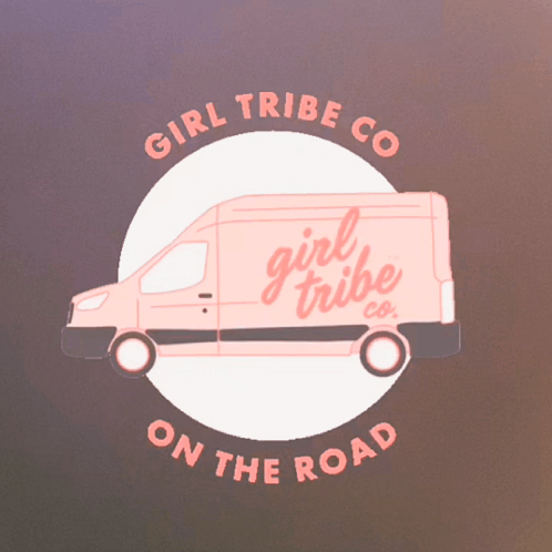 A Pink Van With The Words Girl Tribe Co. On The Road GIF