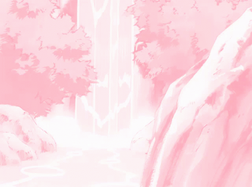 A Pink Waterfall Surrounded By Trees And Rocks GIF
