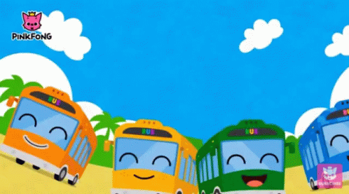 A Pinkfong Advertisement With Four Buses In A Line GIF