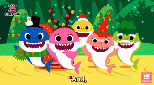 A Pinkfong Advertisement With Sharks Wearing Christmas Hats And Sweaters GIF