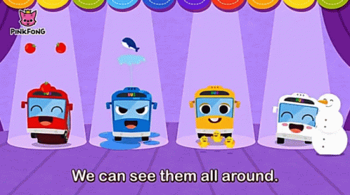 A Pinkfong Cartoon Shows Four Buses On Stage GIF