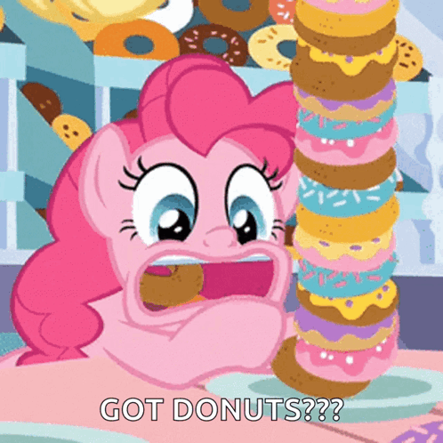 A Pinkie Pie From My Little Pony Eating A Stack Of Donuts GIF
