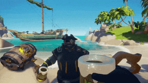 A Pirate Is Sitting On A Beach With A Cup Of Coffee GIF