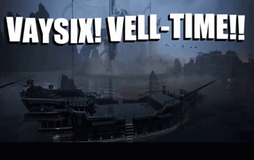 A Pirate Ship In The Water With The Words " Vaysix ! Vell-Time ! " Above It GIF