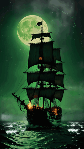 A Pirate Ship Is Floating In The Ocean At Night With A Full Moon In The Background GIF