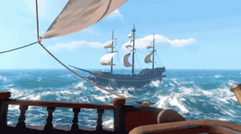 A Pirate Ship Is Floating In The Ocean With A White Sail GIF