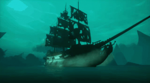 A Pirate Ship Is Floating In The Water With A Flag On The Mast GIF