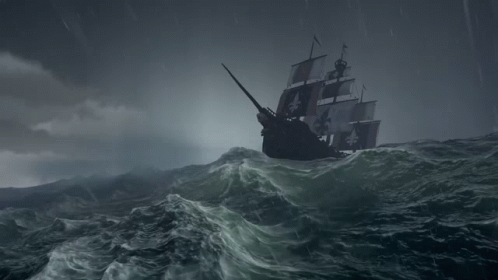 A Pirate Ship Is In The Middle Of The Ocean GIF