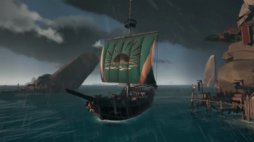 A Pirate Ship With A Blue Sail And A Sun On It GIF