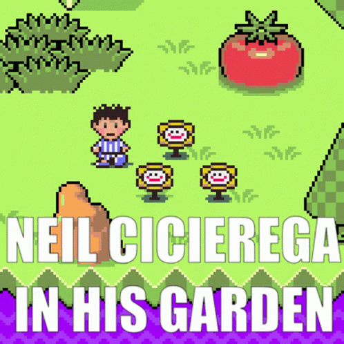 A Pixel Art Advertisement For Neil Cicierega In His Garden GIF