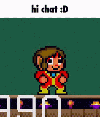 A Pixel Art Character Is Standing In Front Of A Green Background With The Words Hi Chat : D Above Him . GIF