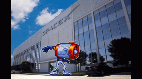A Pixel Art Character Stands In Front Of The Spacex Building GIF