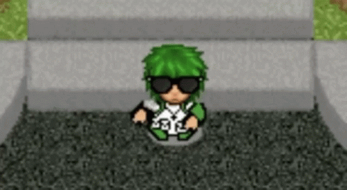 A Pixel Art Character With Green Hair And Sunglasses Is Sitting On The Ground In A Video Game . GIF