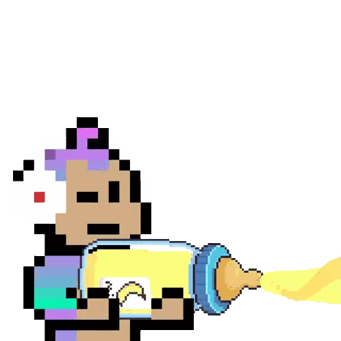 a pixel art drawing of a baby with a bottle
