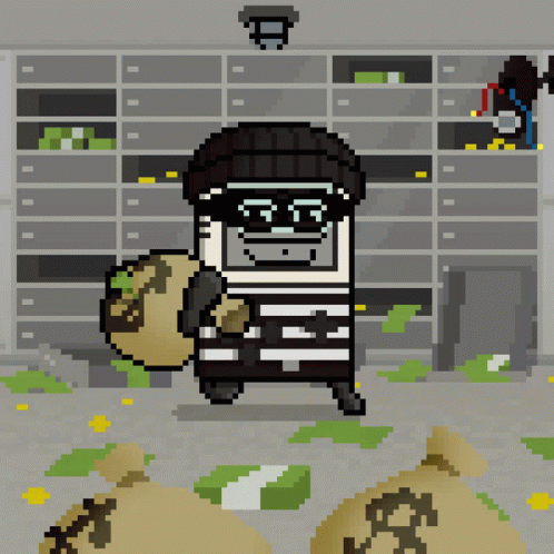 A Pixel Art Drawing Of A Bandit Holding A Bag Of Money GIF