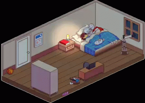 A Pixel Art Drawing Of A Bedroom With Two Beds And A Desk GIF