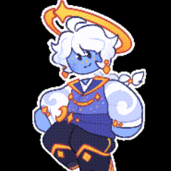 A Pixel Art Drawing Of A Blue And White Character With A Yellow Halo Around His Head GIF