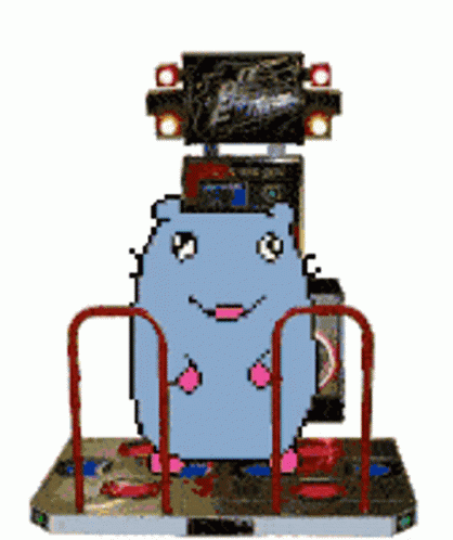 A Pixel Art Drawing Of A Blue Hamster Standing In Front Of A Dance Machine GIF