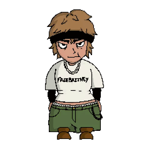 a pixel art drawing of a boy wearing a shirt that says free britney