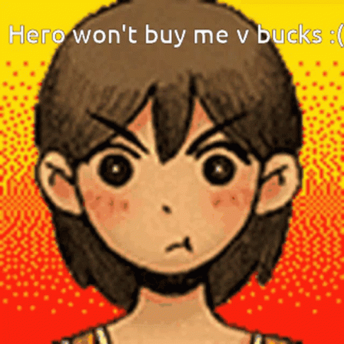 Pixel Art Boy With Hero Won't Buy Me V Bucks Text GIF