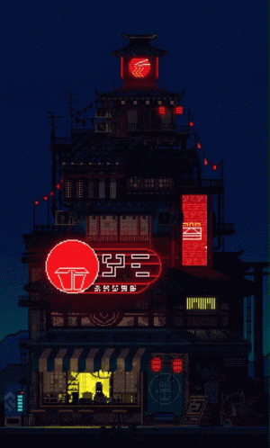 A Pixel Art Drawing Of A Building With A Sign That Says ' Noodles ' On It GIF