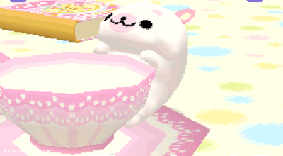 A Pixel Art Drawing Of A Bunny Eating A Piece Of Cake Next To A Bowl Of Milk GIF
