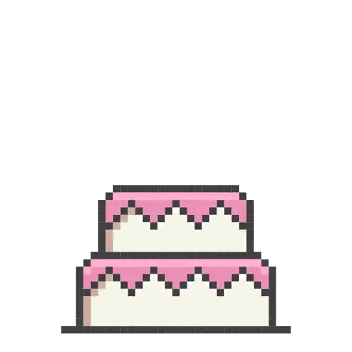 a pixel art drawing of a cake with a rocket coming out of it