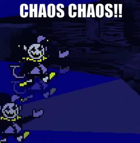 A Pixel Art Drawing Of A Cartoon Character With The Words `` Chaos Chaos ! '' GIF