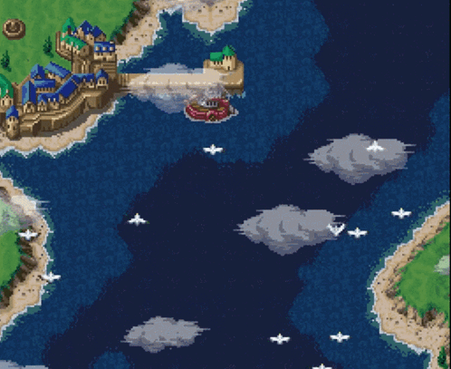 A Pixel Art Drawing Of A Castle On A Cliff Overlooking A Body Of Water GIF