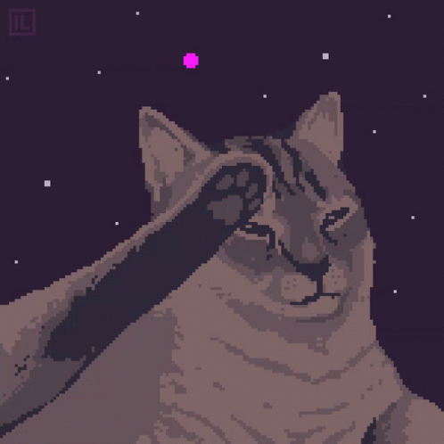 A Pixel Art Drawing Of A Cat Saluting With A Purple Background GIF
