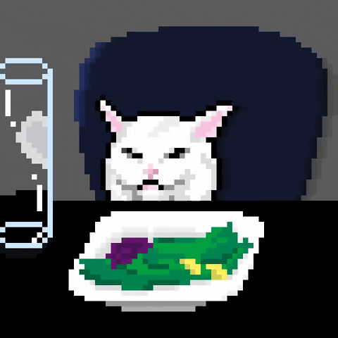 A Pixel Art Drawing Of A Cat Sitting At A Table With A Plate Of Food GIF