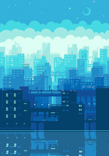 A Pixel Art Drawing Of A City At Night With A Crescent Moon In The Sky GIF