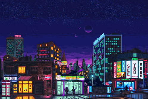 A Pixel Art Drawing Of A City At Night With A Sign That Says Mox GIF