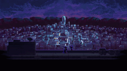 A Pixel Art Drawing Of A City At Night With Mountains In The Background GIF