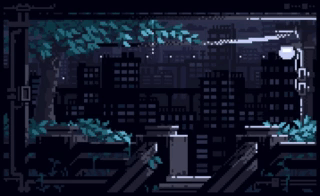 A Pixel Art Drawing Of A City At Night With Trees In The Foreground . GIF