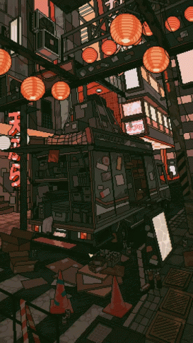 A Pixel Art Drawing Of A City With A Sign That Says ' Chinese Food ' On It GIF