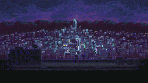 A Pixel Art Drawing Of A City With Mountains In The Background GIF