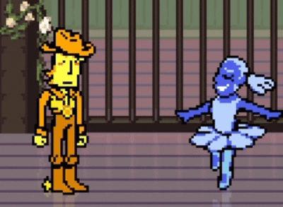 A Pixel Art Drawing Of A Cowboy And A Ballerina Dancing GIF