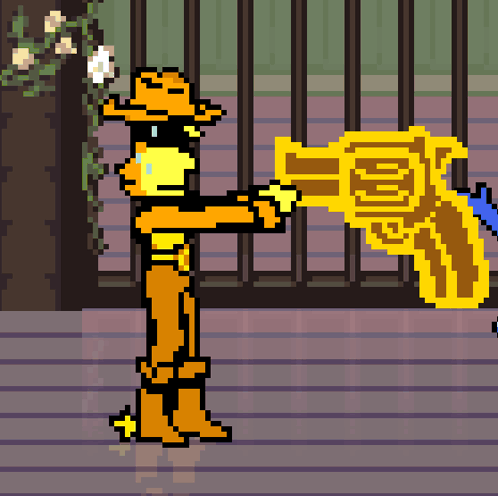 A Pixel Art Drawing Of A Cowboy Holding A Gold Gun GIF