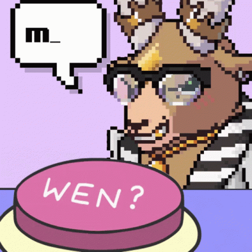 a pixel art drawing of a deer pressing a button that says wen on it