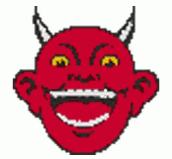 A Pixel Art Drawing Of A Devil 'S Face With Horns And A Big Smile . GIF